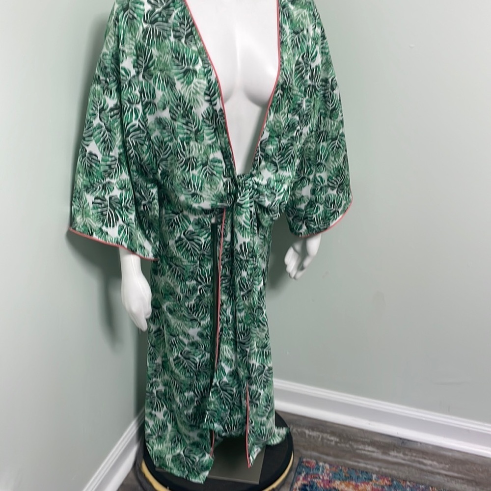 Nordstrom Room Service Green Palm Print Silky Open Robe L/XL